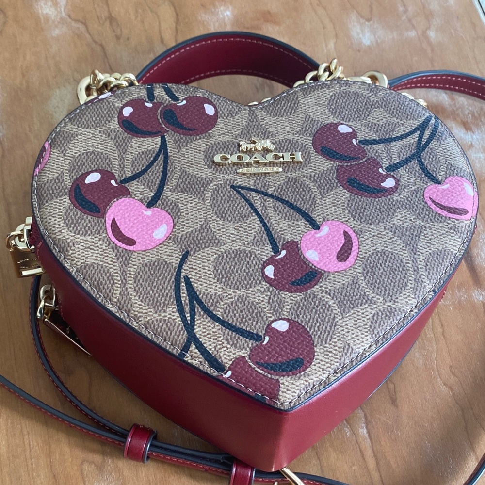 Coach Cherry Print Round Crossbody in Burgundy and Pink - Picture 3 of 14